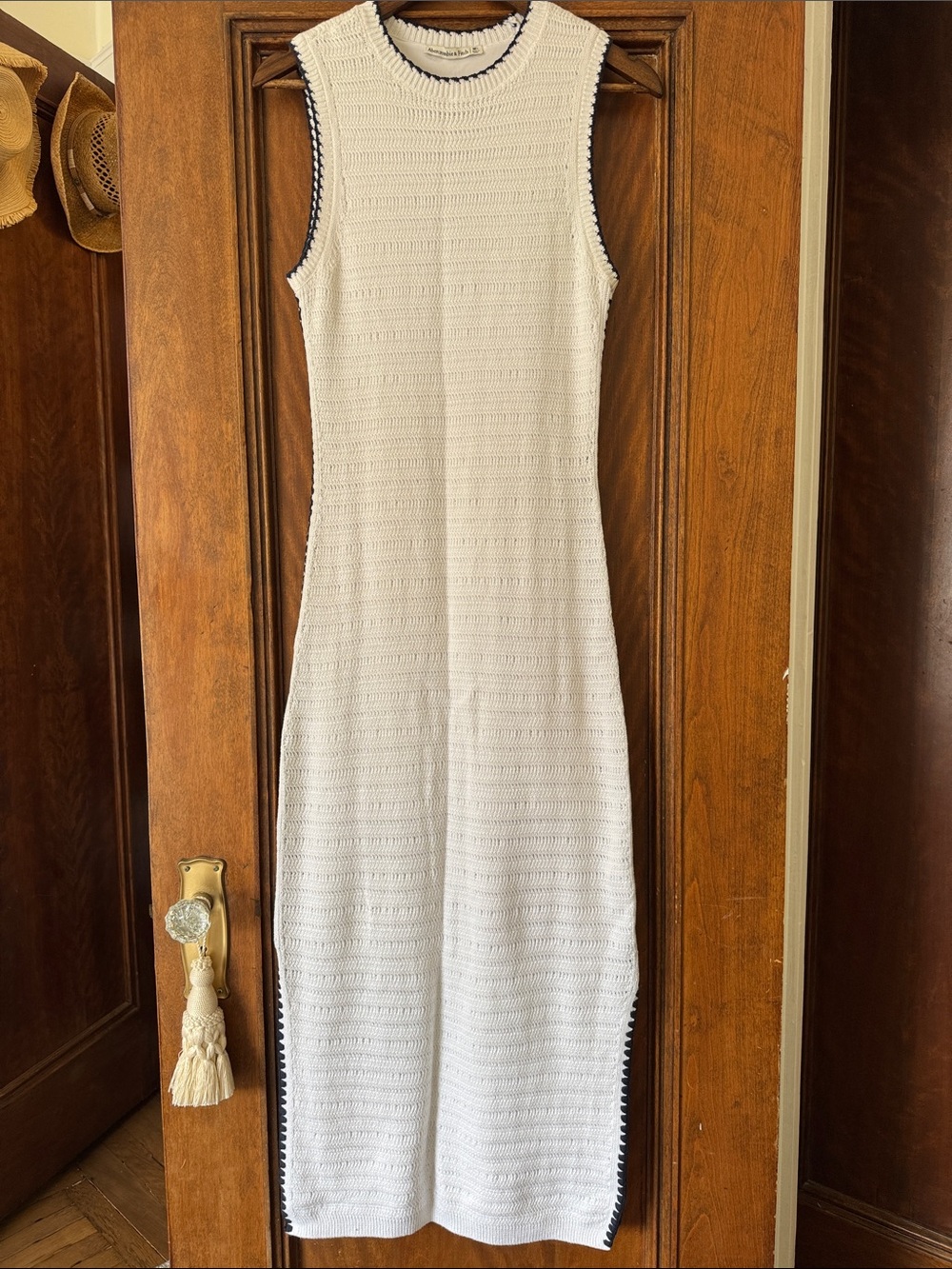 Abercrombie & Fitch Ivory Sleeveless Knit Maxi Dress with Navy Trim